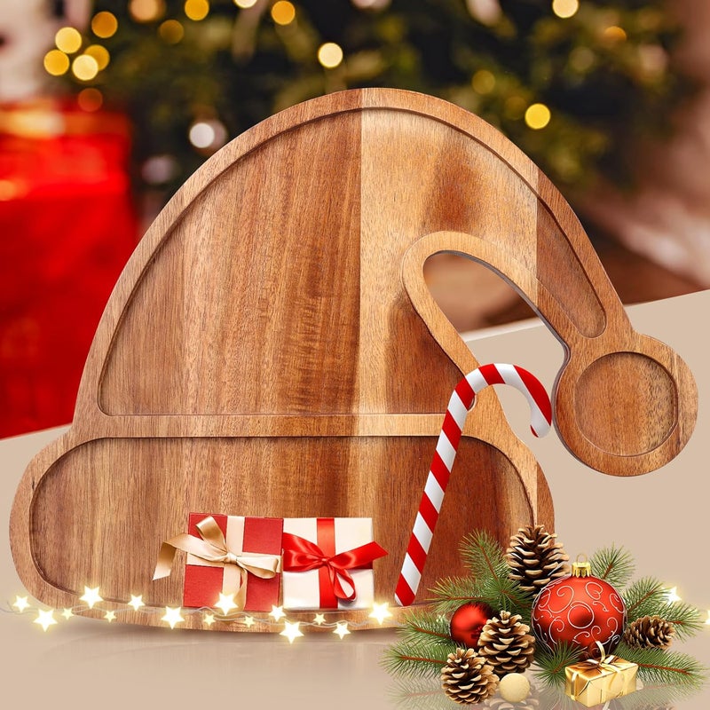 Gtencemen Acacia Wood Christmas Hat Tray - Decorative Serving Platter, Festive Plate, Xmas Dish & Wooden Charcuterie Board for Holiday Gift, Cheese, Fruit, Veggie & Cookie, Food, Snack, 14” x 11” - Image 3